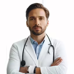 a man wearing a white lab coat with a stethoscope