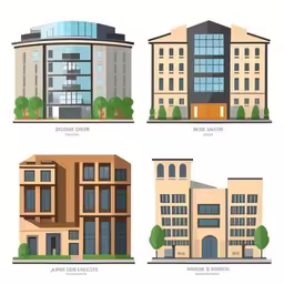 four different styles of houses on a white background,the three stages of building in different views
