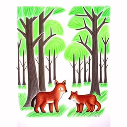 two foxes in the woods, one is facing each other