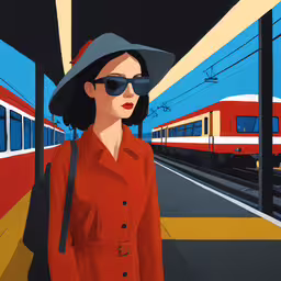 a person is wearing sunglasses and a hat in front of a train,a woman standing in front of a train while wearing sunglasses and a red shirt