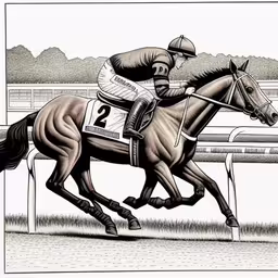 the race horse has been numbered to scale,this is a black and white drawing of a horse and jockey