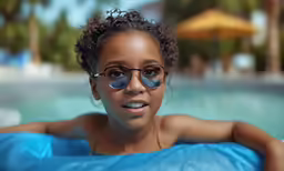 the child is sitting in the water wearing eyeglasses