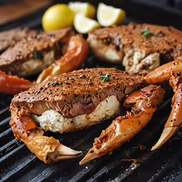 a pile of grilled crab legs sitting on top of a grill