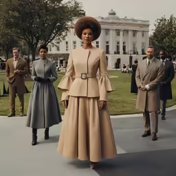 a woman is wearing a tan outfit with long sleeves
