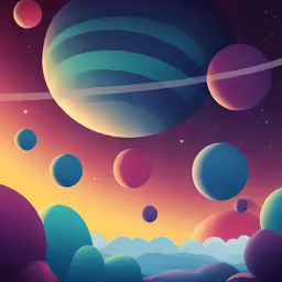 an alien scene with eight planets in the sky