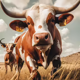 two cows are shown in a field under a cloudy sky