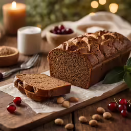 a loaf of bread sits on a table surrounded by nuts