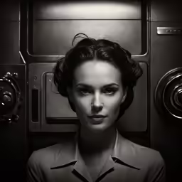 a woman with a short hair stands in front of a cabinet