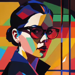 a woman wearing glasses stands in front of an art piece,a woman with glasses and a black top