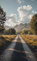 an empty country road in the middle of a field with mountains in the distance