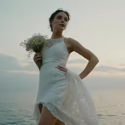 a woman poses near the ocean in a white dress