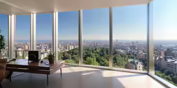 a large office with large windows overlooking the city