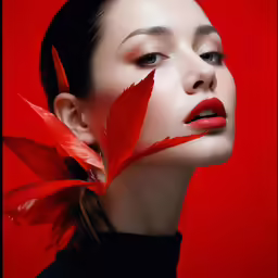 a woman with bright red lipstick, feathers and lipstick