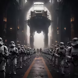 many troopers with lights on are lined up in front of a large structure