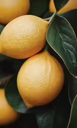 several lemons growing on the top of a tree