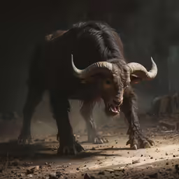 an animal with long horns running through a dusty place