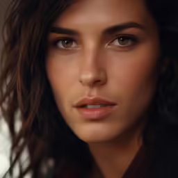 closeup of a woman with long brown hair and blue eyes