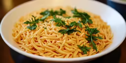spaghetti is served in a white bowl with green leaves