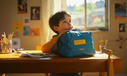 a young boy is sitting in front of a bag