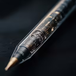 the pen is sitting on the table and black