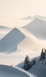 a snowy landscape of mountains and trees covered in thick cloud