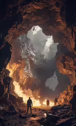 the entrance to a cave at night with four people standing in the cave