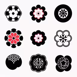 eight different shapes of oriental art work,different flowers and circles on white background
