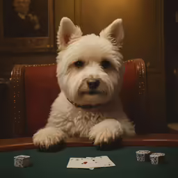 the dog is sitting at the table next to cards