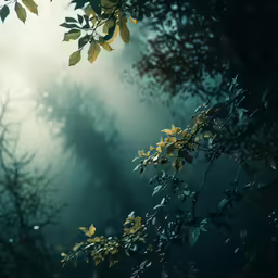 a group of yellow and green leaves hanging from the branches