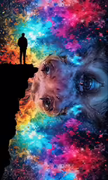 a person standing on the edge of a cliff with a dog on their shoulder