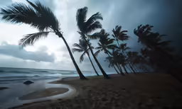 a palm tree is blowing in the wind on a tropical beach