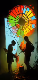 a couple of people standing in front of a painting