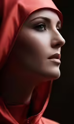 a model with blue eyes wears a red hood over her face