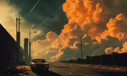 a truck driving down a street past some tall buildings