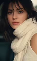 the woman is wearing a white scarf posing for the camera