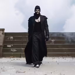 the man is dressed in all black for winter