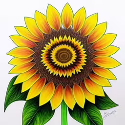 a drawing of a sunflower in full bloom,a yellow flower is sitting in the corner