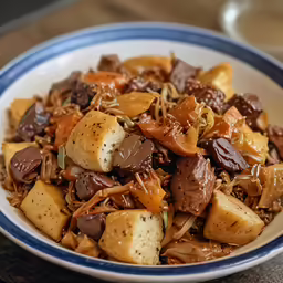 a white bowl of asian food is served on the table