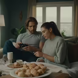 the woman is looking at her phone as she holds her cupcakes