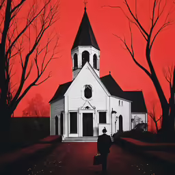 painting of a white church by trees