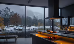 a modern kitchen is illuminated by candles, counter top, and view of trees with snow