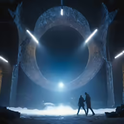 two people walk into an industrial complex under bright lights