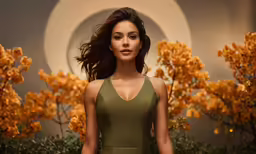 an attractive woman standing in front of trees