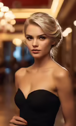 a woman in a strapless dress and red nails posing for a photo