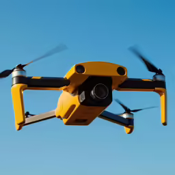 a yellow and black remote control airplane flying in a blue sky