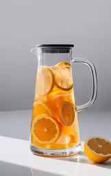 orange and lemon slices are in a pitcher