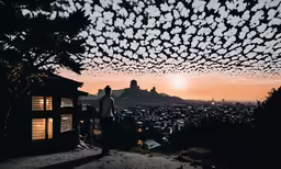 a large flock of bats fly above a city at sunset