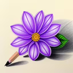 an artwork of a purple flower with green leaves,a drawing of a purple flower with green leaves and a pencil