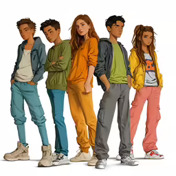four boys and a girl are in different outfits
