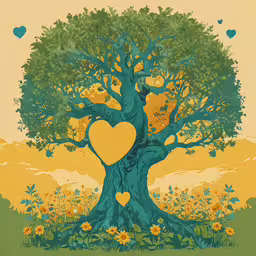an art nouveau - styled illustration depicting a tree with a heart in the middle,a painting of a tree with a heart on it